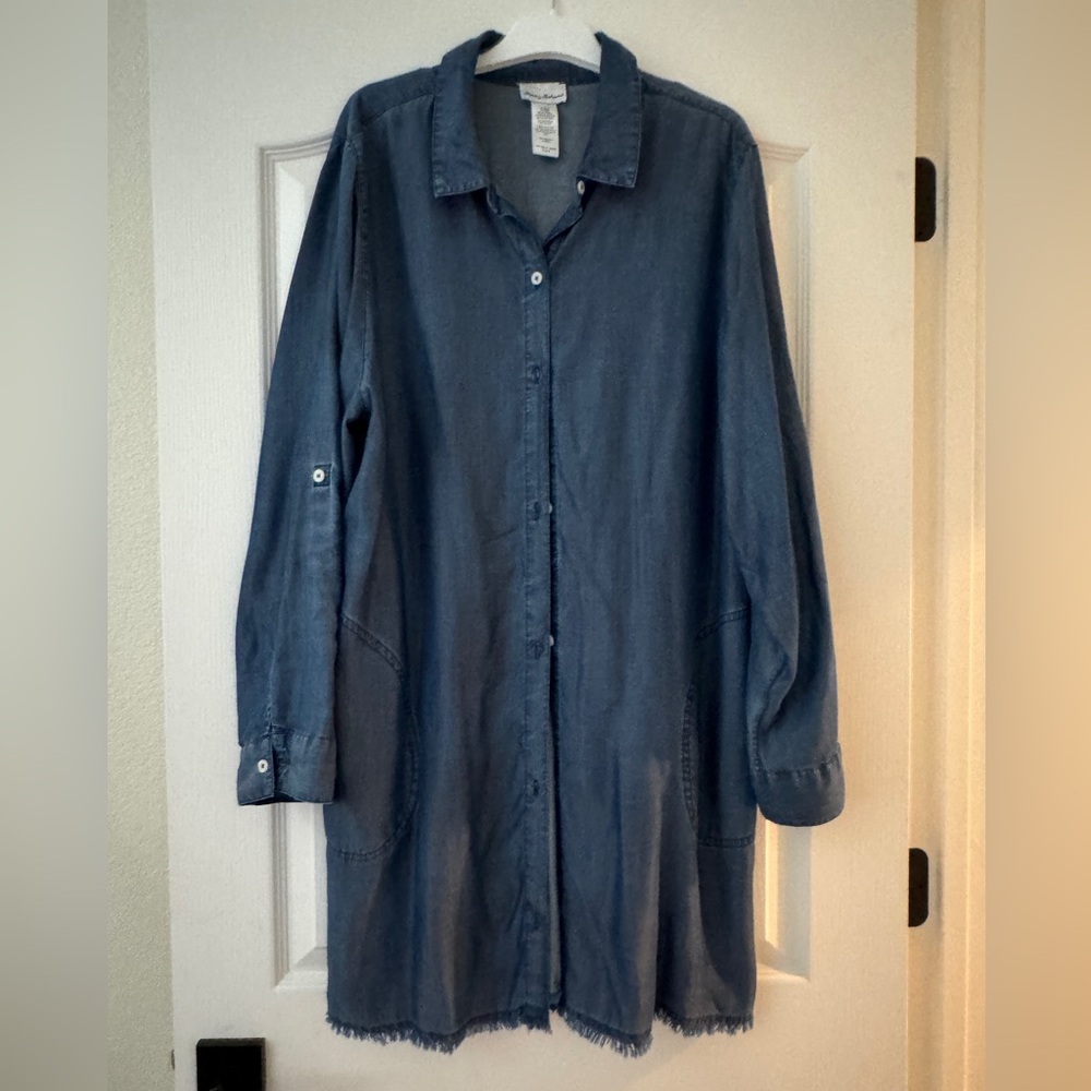 Tommy Bahama Tencel Chambray Shirt Dress – XL – Button Front with Frayed Hem